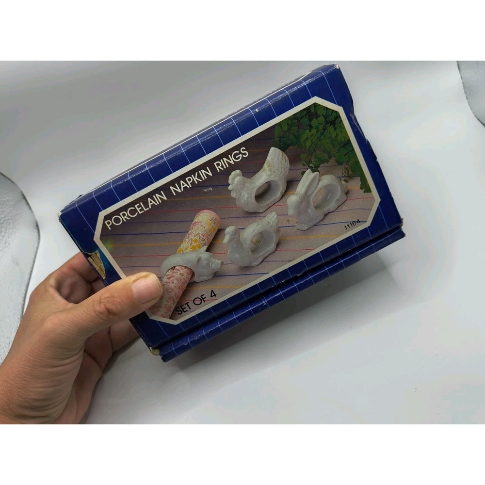 VTG Porcelain Napkin Rings 1984 Bunny Pig Duck Chicken Farm In Original Box